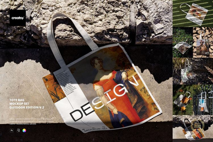 Tote Bag Mockup Set – Outdoor Edition v.2  7款高级个性单肩帆布袋手提袋印花图案设计PS智能贴图样机模板