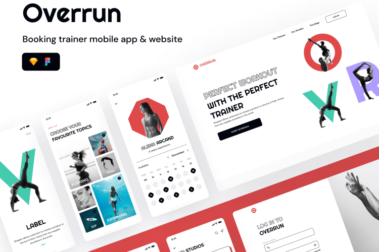 Overrun – Booking trainer mobile app & website  60+高级健身美容课程活动音乐会预定APP软件网站界面设计模板