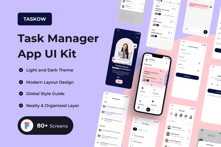 TASKOW – Task Manager App UI Kit  80屏现代简约风日常任务项目管理app界面设计ui套件明暗模板