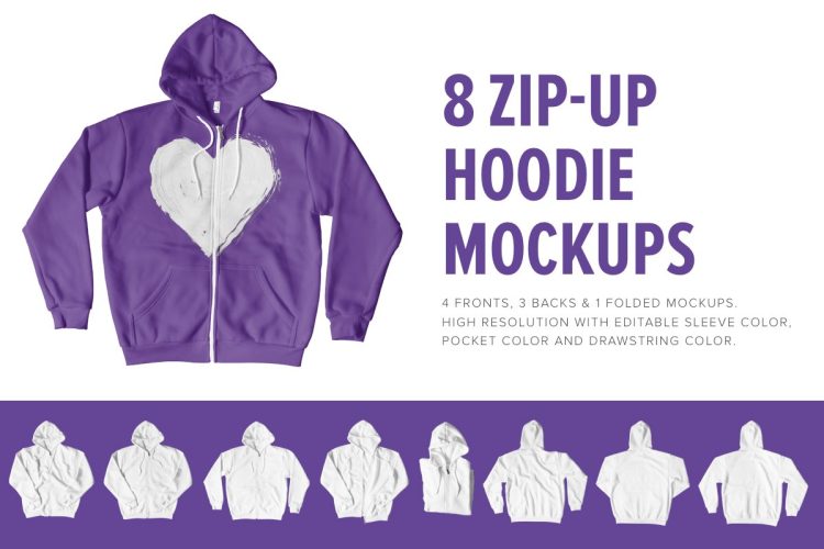 8 Premium Zip-Up Hoodie Mockups  8款平铺潮牌拉链连帽卫衣帽衫服装印花图案设计贴图ps样机素材