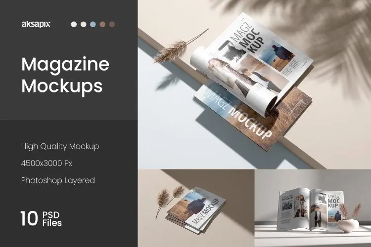 Magazine Mockup 10款精装书籍手册杂志画册光影封面内页设计作品贴图ps样机素材