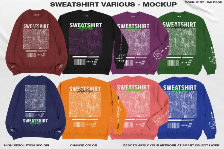 Sweatshirt Various – Mokcup 8款潮流落肩大码圆领卫衣服装印花图案设计贴图ps样机素材模板
