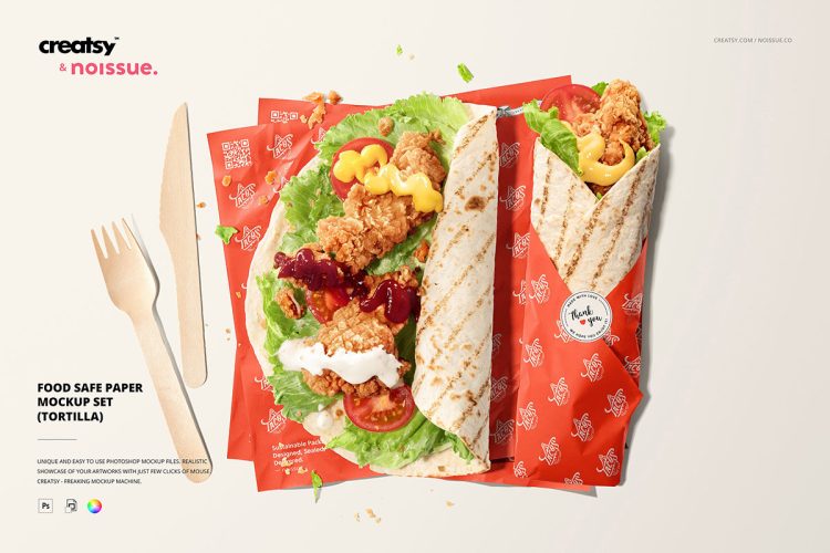 Food safe paper mockup tortilla 鸡肉卷手抓饼蛋饼餐饮美食包装纸印花图案设计贴图ps样机素材模板