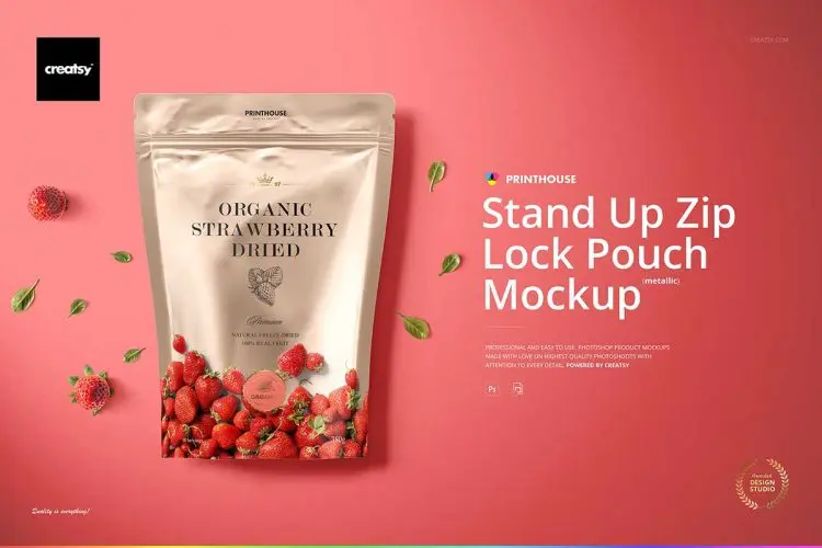 Stand Up Pouch (metallic) Mockup Set  4款金属铝箔自立袋自封袋产品包装设计贴图ps样机素材展示模板