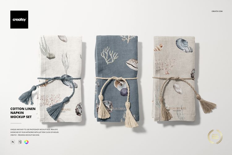 Cotton Linen Napkin Mockup Set 手工棉麻亚麻厨房巾餐巾垫布印花图案设计贴图ps样机素材展示效果