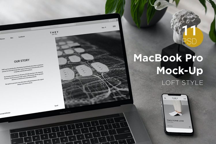 MacBook Pro Responsive Mock-Up Loft Style  MacBook笔记本网页ui设计作品贴图ps样机素材loft场景展示效果