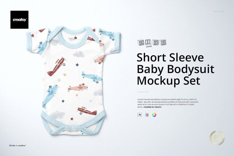 Baby Short Sleeve Bodysuit Mockup Set 婴儿宝宝长袖连体紧身衣童装印花图案设计ps样机素材展示效果模板