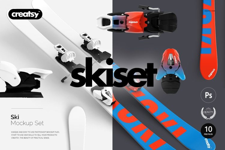 Ski Mockup Set 极限运动双板滑雪板装备logo图案设计贴图ps样机素材展示效果模板