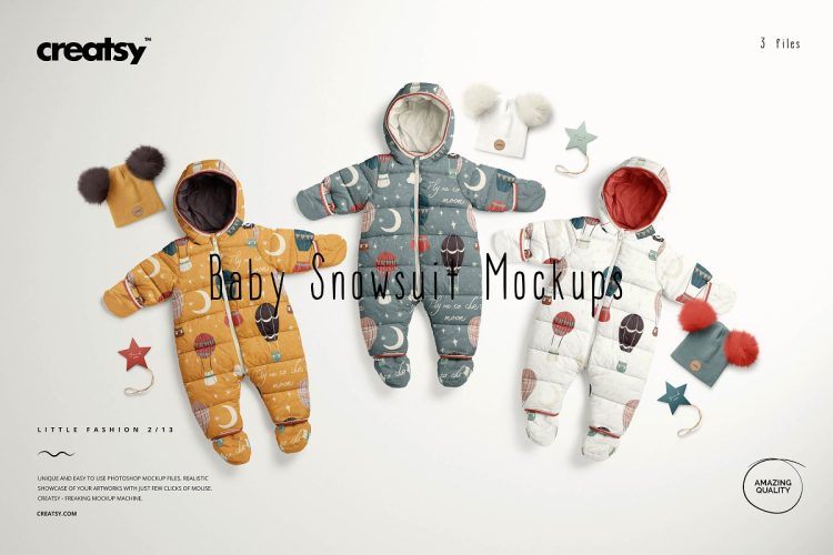 Baby Snowsuit Mockup Set 婴儿宝宝连体羽绒服童装印花图案设计贴图ps样机素材展示效果模板