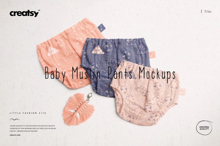 Baby Muslin Pants Mockup Set 儿童穿搭童装短裤内裤印花图案设计贴图ps样机素材展示效果模板