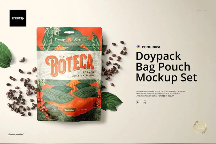 Doypack Bag Pouch Mockup Set 零食咖啡豆自立袋自封袋食品包装设计贴图ps样机素材展示效果模板
