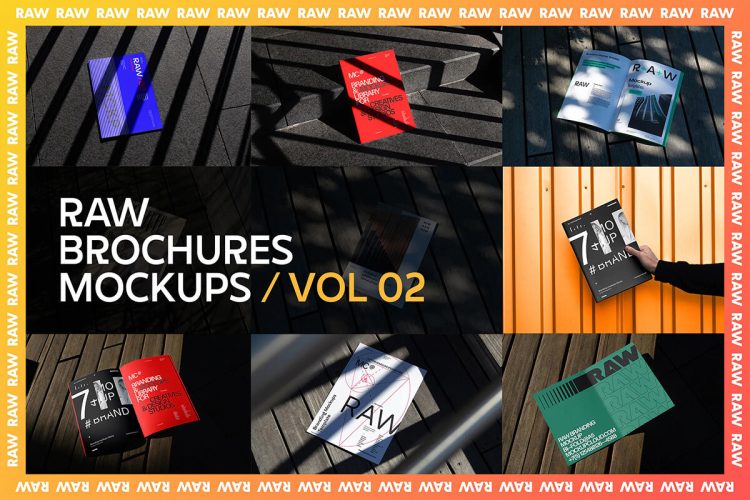 Raw Brochures Mockups Vol 2  7款工业风光影质感杂志画册折页封面设计作品贴图ps样机素材模板