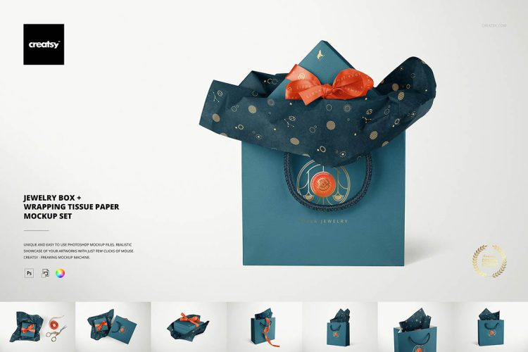 Jewelry Wrapping Tissue Paper Mockup  8款珠宝首饰礼品礼物包装盒拎袋设计作品贴图ps样机素材展示模板