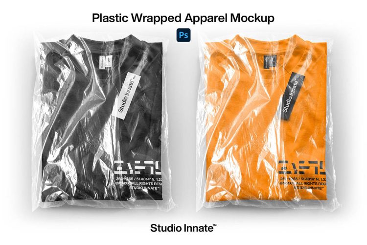 Plastic Packed Garment Mockup  潮牌圆领卫衣透明塑料包装纸吊牌设计贴图ps样机素材展示效果模板