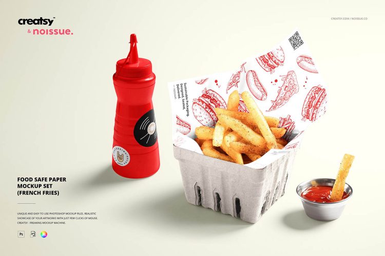 Food Safe Paper Mockup /french fries 薯条番茄酱快餐吸油包装纸印花图案设计贴图ps样机素材展示模板