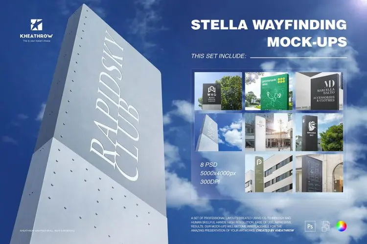 Stella Wayfinding Mock-Ups  8款灯箱精神堡垒地标指示牌导视牌设计贴图ps样机国外设计素材