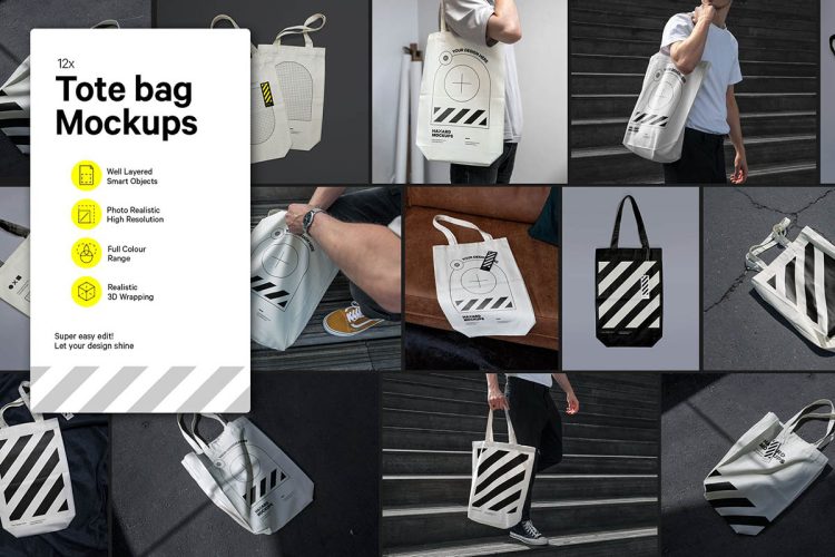 Tote Bag Mockup Bundle  12款单肩帆布包环保袋手提布袋印花图案设计贴图ps样机素材模板