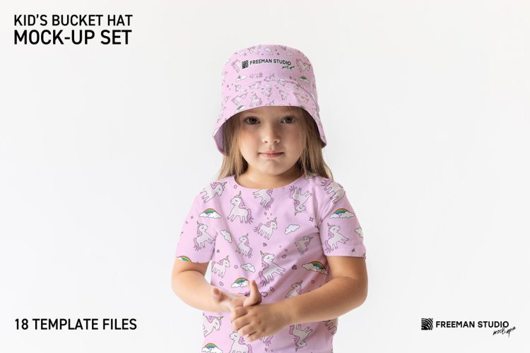 Kid’s Bucket Hat Mock-Up Set 儿童女童渔夫帽商标logo设计贴图ps配饰样机素材国外设计模板