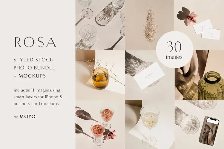 Rosa – Stock Photo & Mockup Bundle 侘寂风光影日光投影名片卡片设计作品贴图ps样机素材展示效果