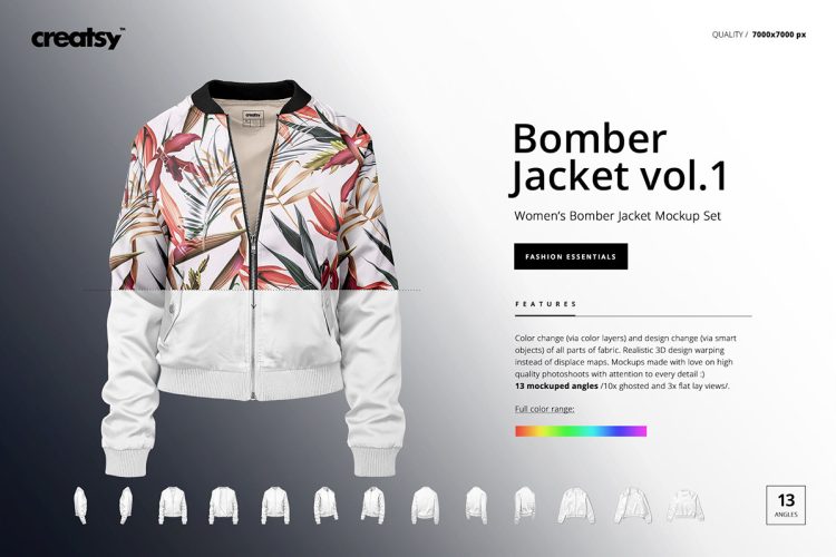 Women’s Bomber Jacket Mockup Set v.1  13款女上衣飞行员夹克衫外套服装设计印花图案贴图ps样机素材模板