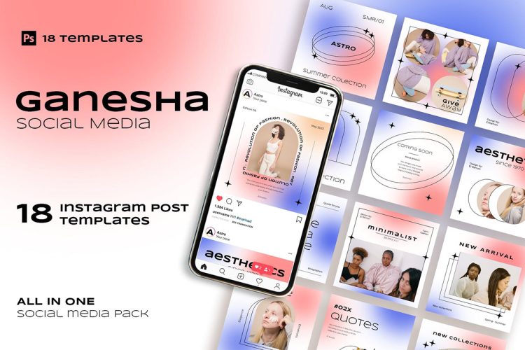 Ganesha Instagram Post Template  20款时尚潮流炫彩酸性渐变ins媒体公众号排版设计ps版式素材模板