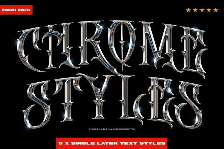 Chrome Text Styles 3.0  5款嘻哈潮流哥特logo特效生成立体金属字体设计ps样机素材源文件