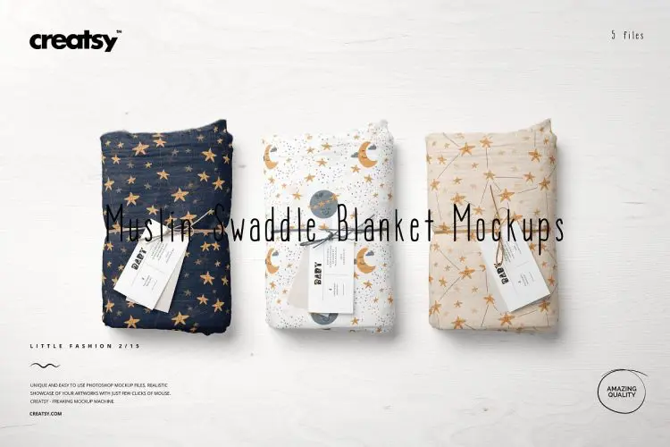Muslin Swaddle Blanket Mockup Set  5款折叠毛毯床单包装印花图案设计贴图ps样机素材展示效果模板