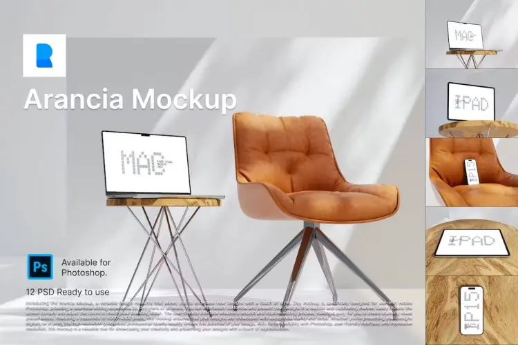 Arancia 12 PSD Mockup 12款多功能苹果MacBook笔记本iPad平板iPhone 15手机屏幕演示样机模板