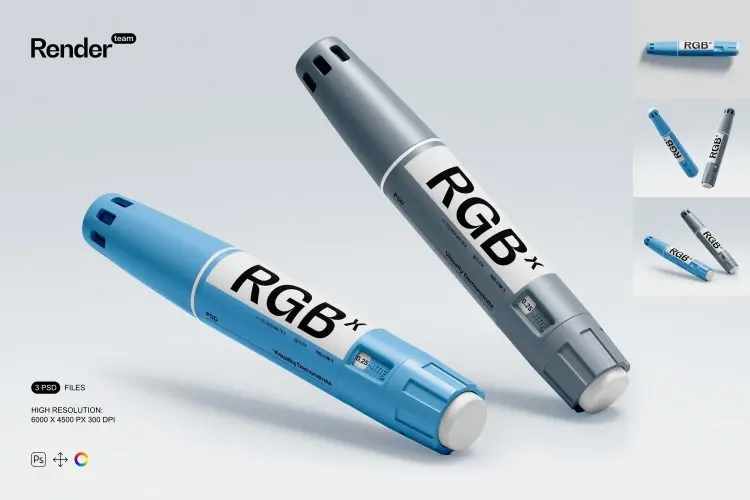Insulin Pen Mockup 时尚逼真胰岛素笔医疗注射器设计展示效果图PSD样机模板