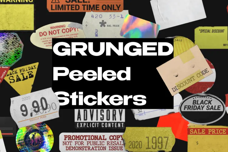 50+ GRUNGED Peeled Stickers 复古粗糙破损标签贴纸插图插画设计素材webp免抠图片