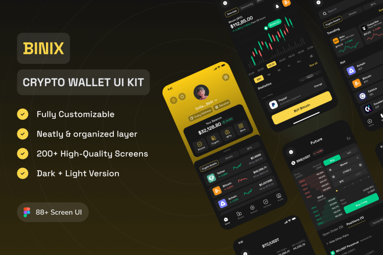 BINIX – Crypto Wallet UI Kit  200多屏金融数字加密钱包应用app设计用户界面UI套件明暗模板