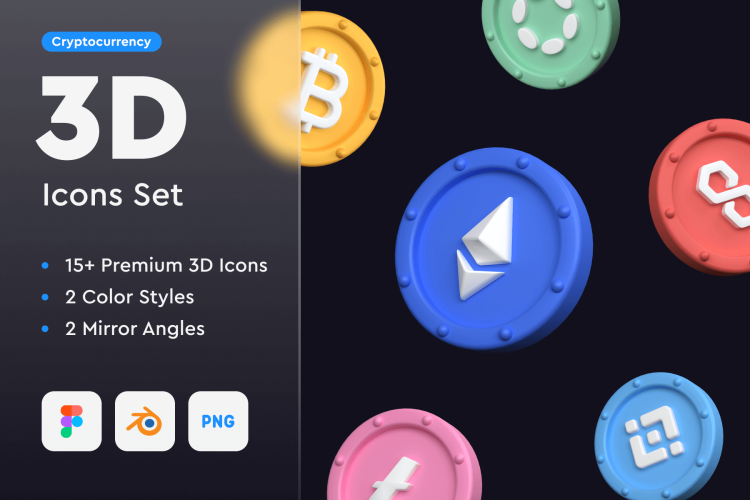 Cryptocurrency 3D Icons Set  15款虚拟加密货币3D图标素材,数字金融区块链3D图标下载