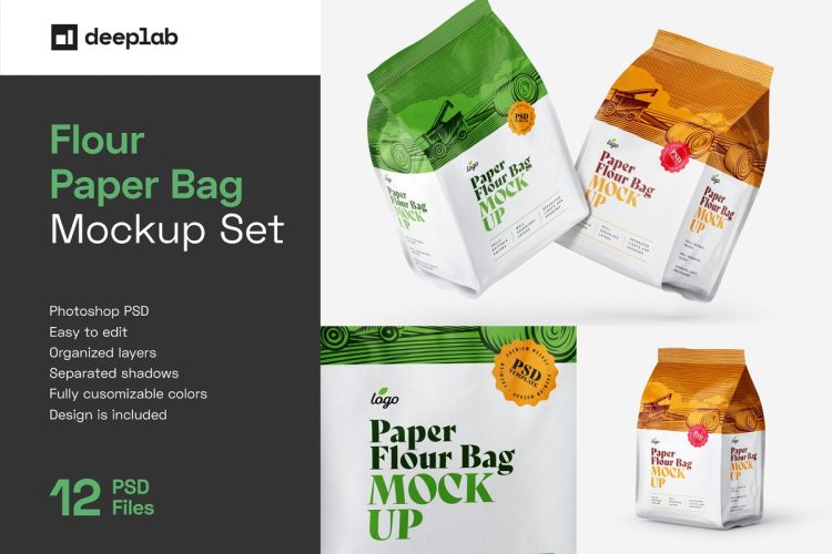 Paper Flour Bag Mockup Set Pouch  12款铝箔自立袋食品零食包装袋设计贴图ps样机素材展示效果模板