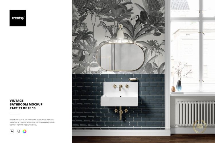 Vintage Bathroom Mockup (23FFv.10) 轻奢复古浴室台盆瓷砖墙纸图案设计贴图ps样机素材场景展示效果