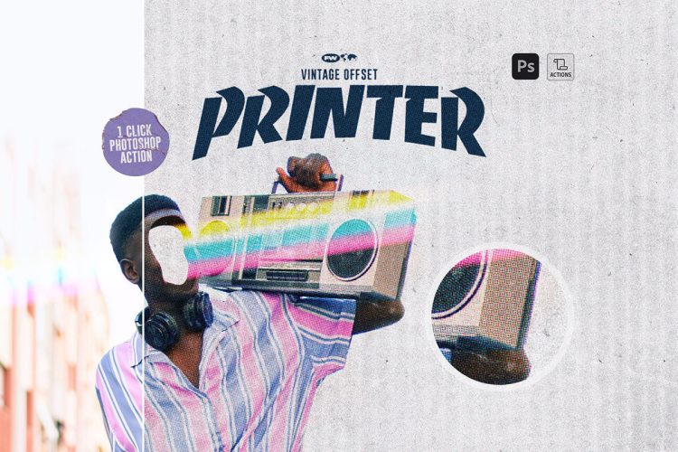 Vintage Offset Printer 复古做旧潮流半调胶印颗粒褶皱磨损肌理纹理ps动作特效插件