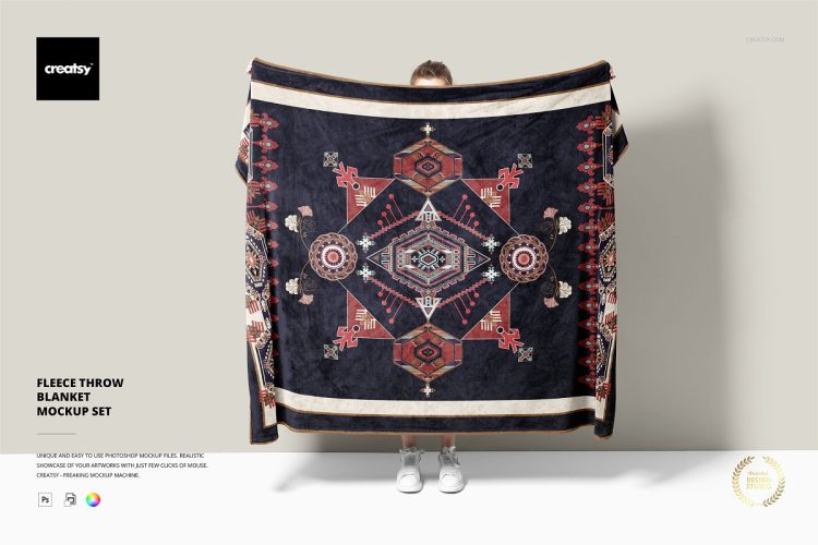 Fleece Throw Blanket Mockup Set 模特手持毯子羊毛毯挂毯印花图案设计贴图ps样机素材场景展示效果