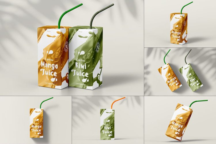 Juice Carton Mock-up 利乐装果汁饮料包装设计贴图ps样机场景素材国外设计模板