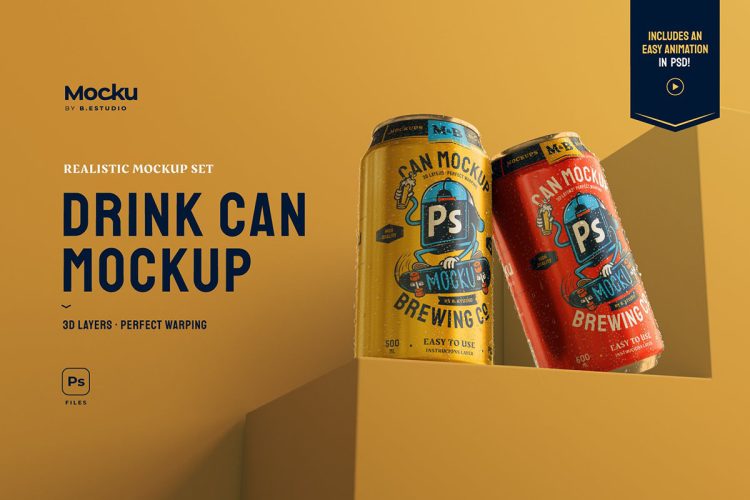 Drink Can Mockup Set  6款质感冰镇易拉罐听装饮料设计贴图ps样机素材场景展示效果模板