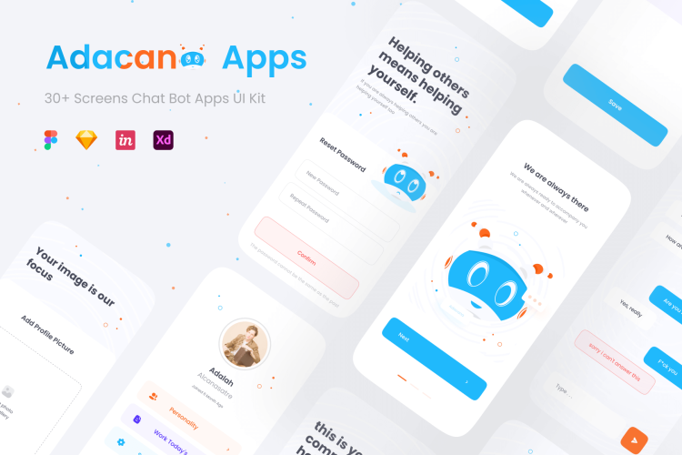 Adacana – Chat BOT Apps UI KIT 机器人聊天app界面设计模板_在线Ai智能解答移动用户界面ui套件下载
