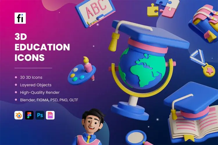 3D Education Icons 3D立体卡通学校教育学习文具开学季icon图标webp免抠插画图片素材