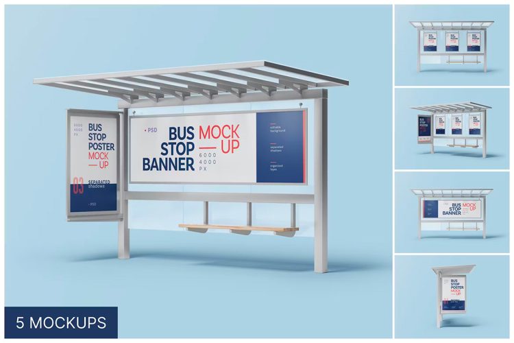 Bus Stop Poster Mockup Set 公交巴士候车厅车站灯箱广告海报设计贴图ps样机素材国外设计模板