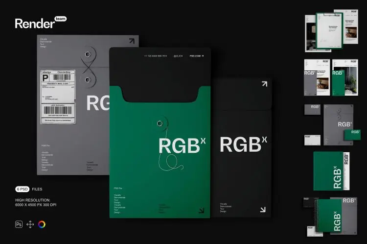 Brand Identity Mockup Set 时尚品牌VI标志LOGO设计办公文具档案袋文件夹名片信纸展示贴图PSD样机模板