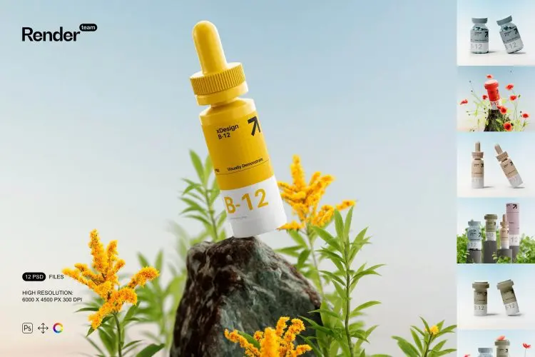 Medical Bottle Mockup Set  12款时尚高级药物胶囊滴管瓶包装瓶设计展示贴图PS样机模板