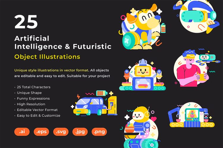 AI Futuristic Object Illustration  25幅未来科技Ai人工智能设备设施卡通插图插画矢量设计素材