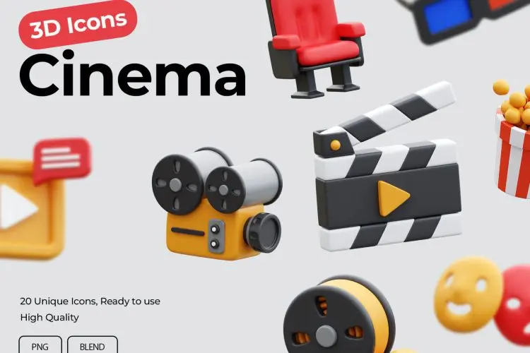 Cinema 3D Icons 影院观影电影拍摄设备主题元素3D插图icon设计素材webp免抠图片
