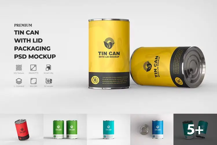 Tin Can with Lines Mockups 食品金属锡罐模型罐身品牌包装设计贴图ps样机素材mockup模板