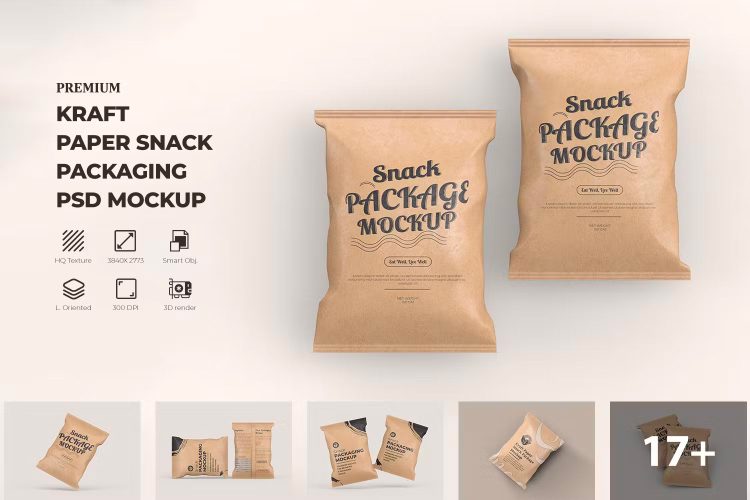 Paper Snack Packaging Mockup 零食薯片膨化食品纸质包装袋模型品牌logo标识展示设计贴图ps样机素材模板