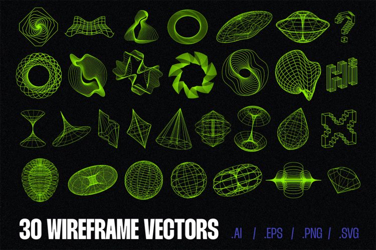 30 Wireframe Vectors 等距线性网格网络人工智能科幻3D立体几何空间矢量设计素材