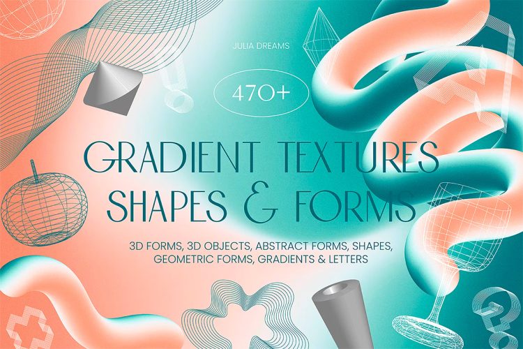 Gradient Textures Shapes 3D Objects 潮流时尚抽象艺术渐变模糊3D几何图形波浪线条背景底纹ai设计素材