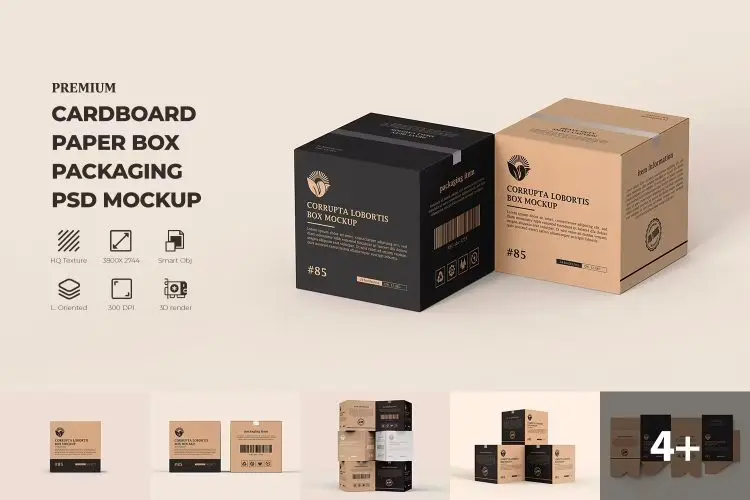 Cardboard Paper Box Packaging Mockup 正方形牛皮纸物流快递打包盒纸箱包装设计ps样机素材展示效果图